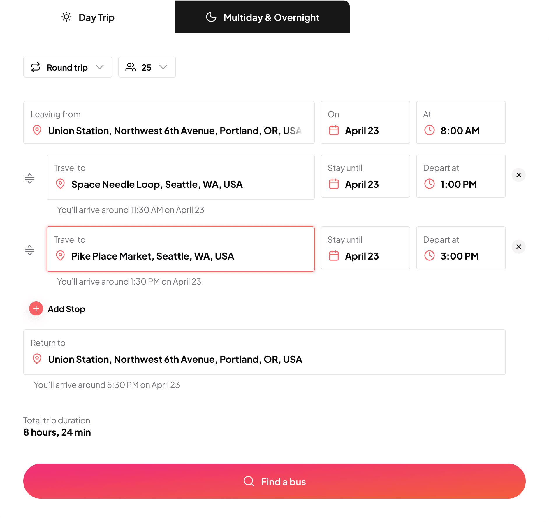 Buslane trip builder interface showing route planning