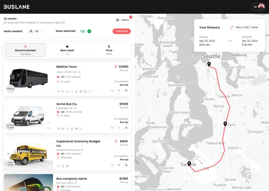 Buslane operator comparison interface with pricing